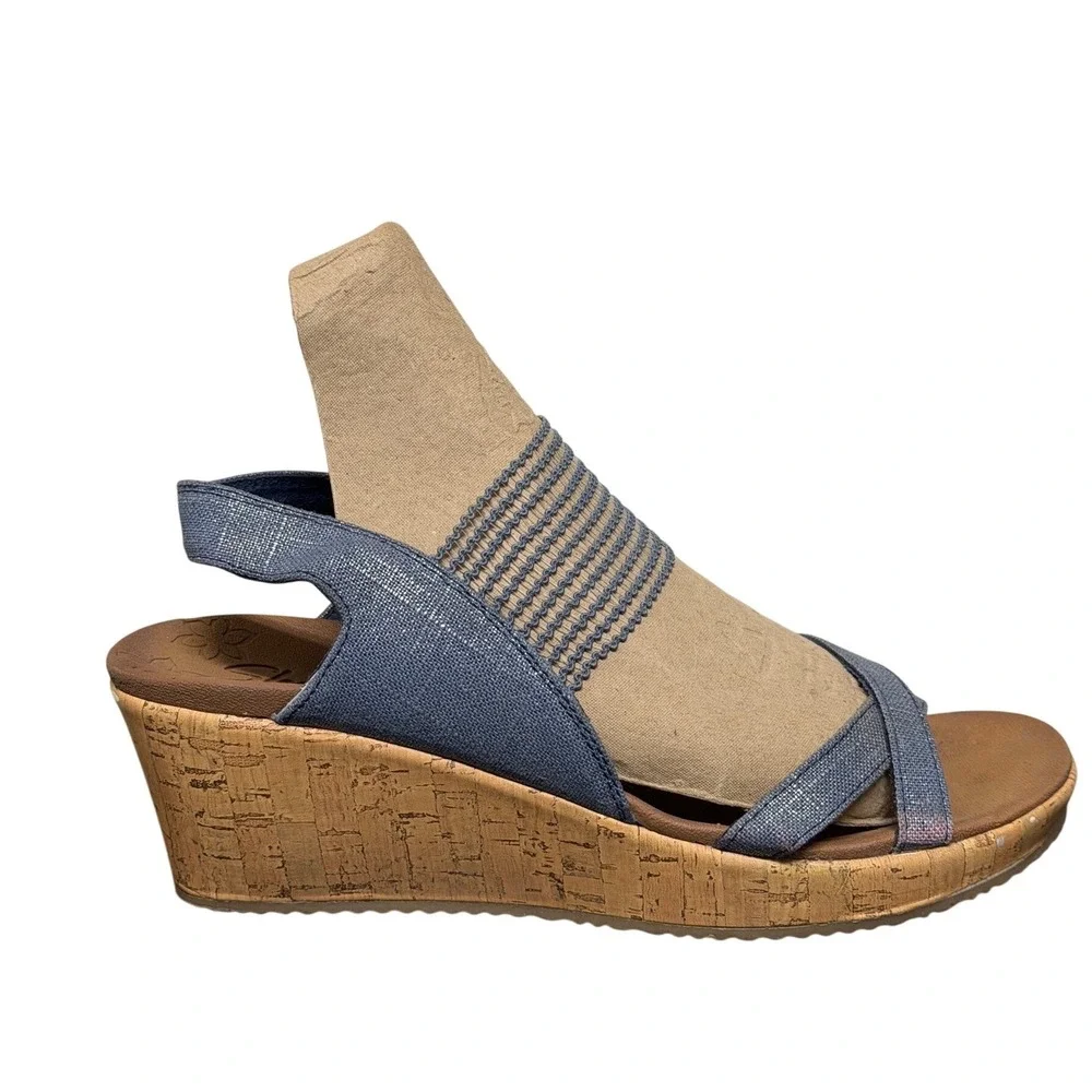 Skechers Cali Rumblers Wedge Sandals Womens‎ 8 Blue Denim Metallic Strappy Cork